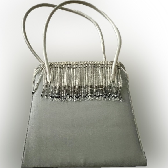 Silver bag with glass beads.  Shoulder strap tucks into bag to use handles - Picture 1 of 3